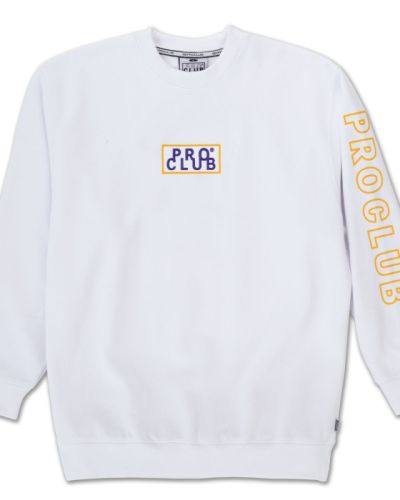 Pro Club Men’s Heavyweight Embroidered Logo Crew Neck Fleece Pullover Sweatshirt (13oz), White and Gold